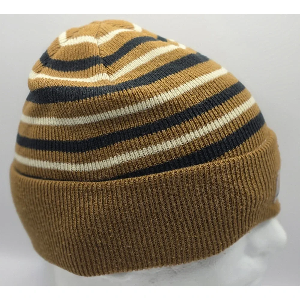 Carhartt Youth Striped Knit Beanie Hat Brown Black White CB8943 Kids Cuffed Logo